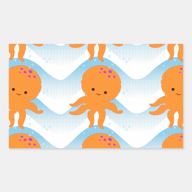 Orange Octopus And Blue Waves Pattern Rectangular Sticker (Front)