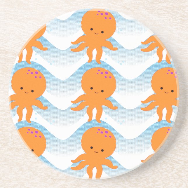 Orange Octopus And Blue Waves Pattern Sandstone Coaster (Front)