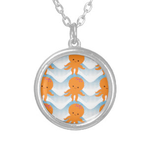 Orange Octopus And Blue Waves Pattern Silver Plated Necklace