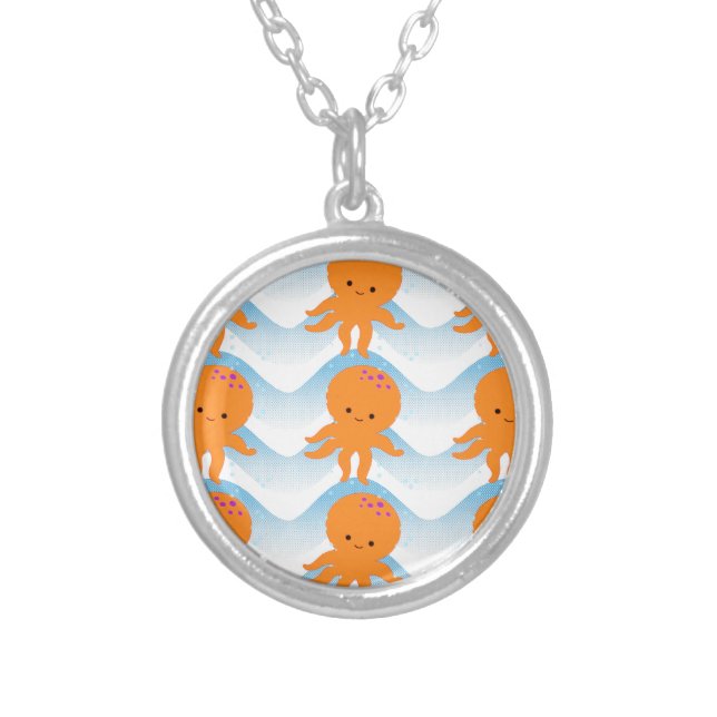 Orange Octopus And Blue Waves Pattern Silver Plated Necklace (Front)