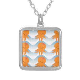 Orange Octopus And Blue Waves Pattern Silver Plated Necklace