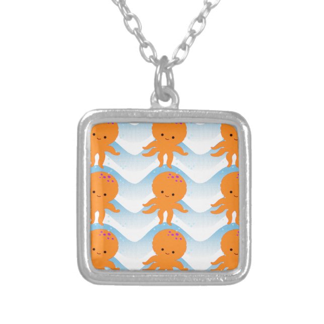 Orange Octopus And Blue Waves Pattern Silver Plated Necklace (Front)