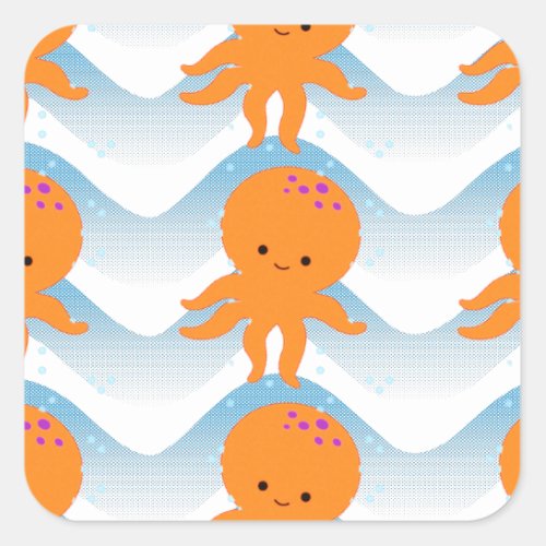 Orange Octopus And Blue Waves Pattern Square Sticker