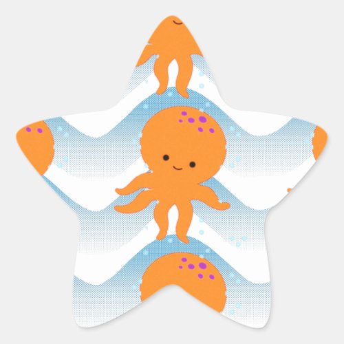 Orange Octopus And Blue Waves Pattern Star Sticker