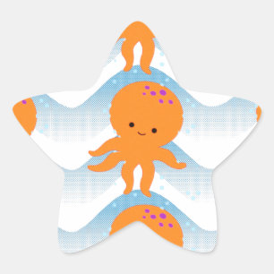 Orange Octopus And Blue Waves Pattern Star Sticker