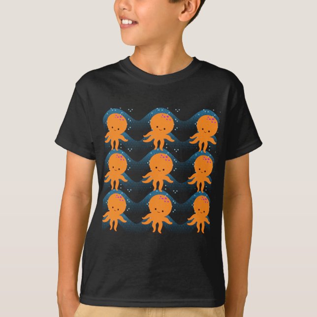 Orange Octopus And Blue Waves Pattern T-Shirt (Front)