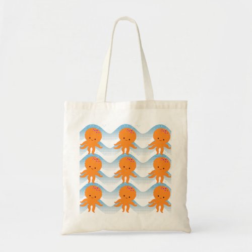 Orange Octopus And Blue Waves Pattern Tote Bag