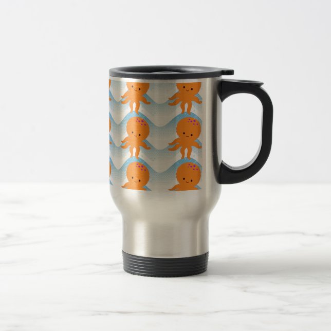 Orange Octopus And Blue Waves Pattern Travel Mug (Right)