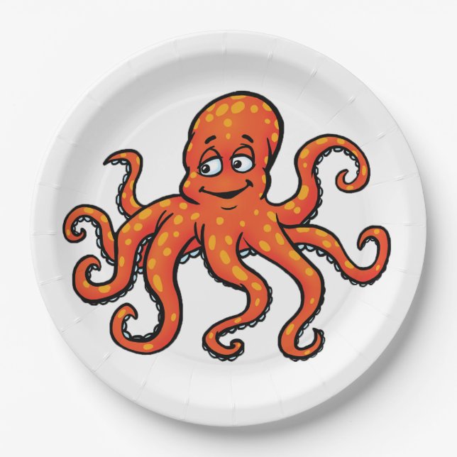 Orange Octopus Cartoon Ocean Sea Creature Paper Plates (Front)