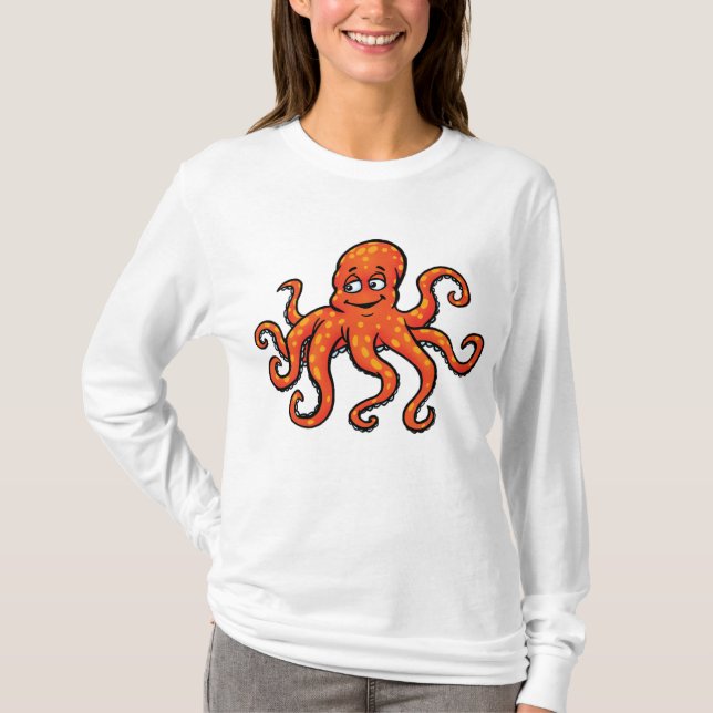 Orange Octopus Cartoon Ocean Sea Creature T-Shirt (Front)