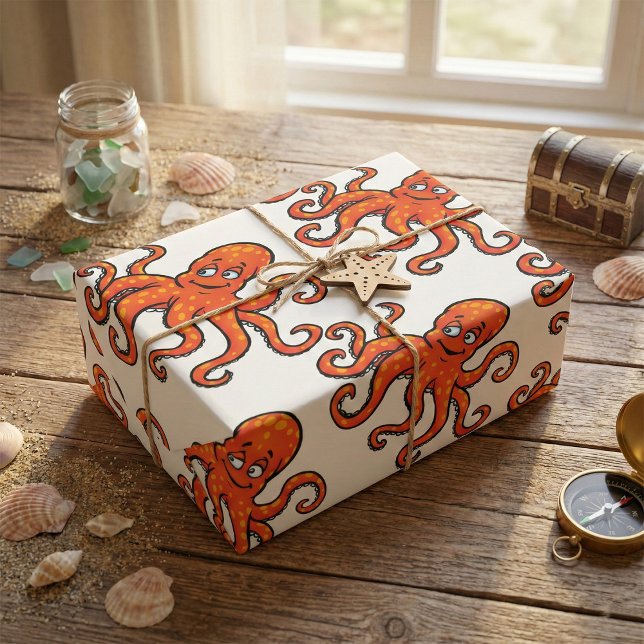 Orange Octopus Cartoon Ocean Sea Creature Wrapping Paper (Creator Uploaded)