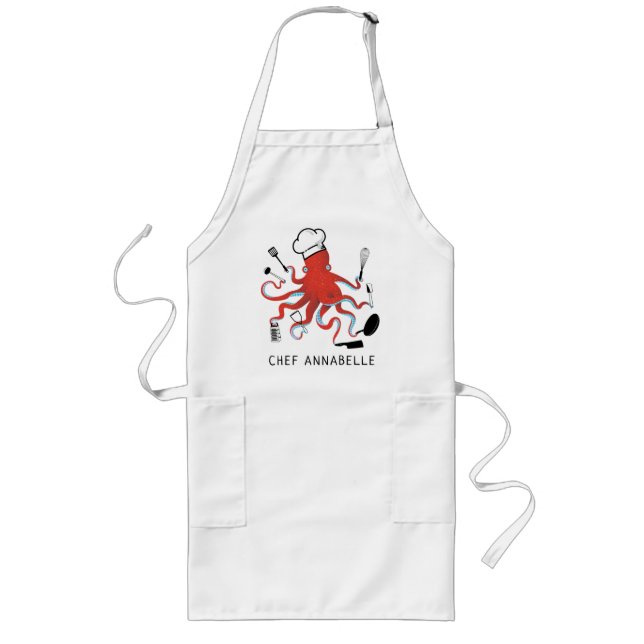 Orange Octopus Chef Personalize Long Apron (Front)