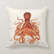 Orange Octopus Illustration on Cream Throw Pillow