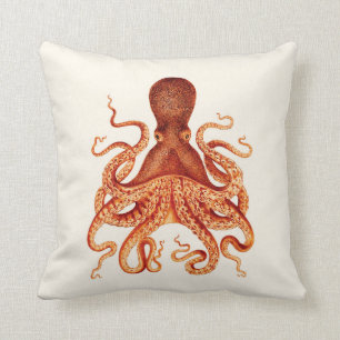Orange Octopus Illustration on Cream Throw Pillow