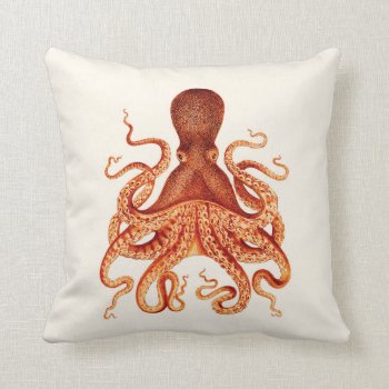 Orange Octopus Illustration On Cream Throw Pillow by AnyTownArt at Zazzle