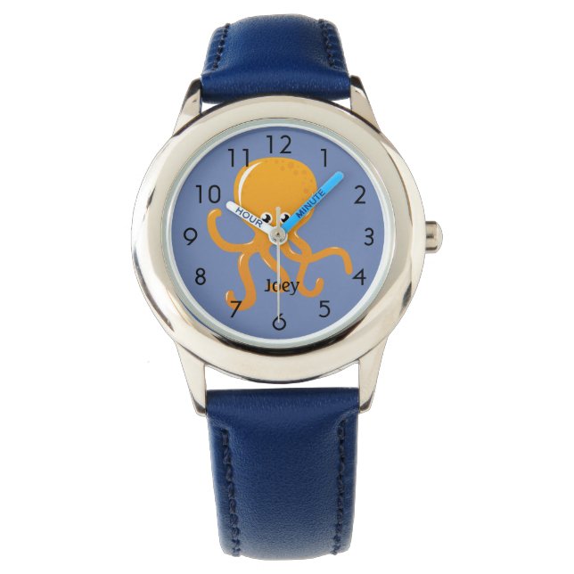 Orange Octopus on Blue Personalized Child's Watch (Front)