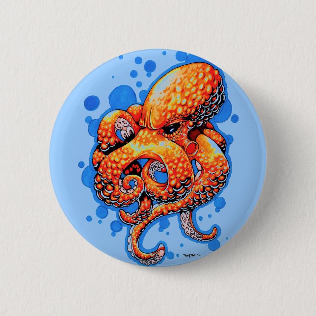 orange octopus pinback button (Front)