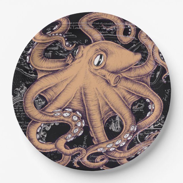 Orange Octopus Tentacles ink Paper Plates (Front)