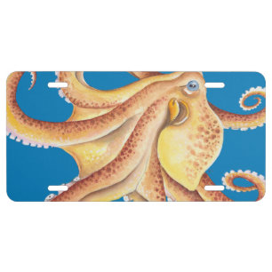 Orange Octopus Watercolor Blue Dance License Plate
