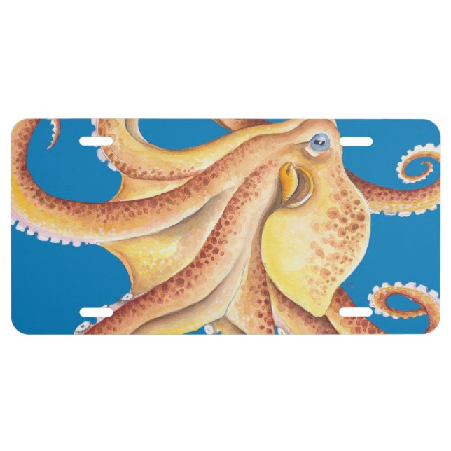 Orange Octopus Watercolor Blue Dance License Plate (Front)