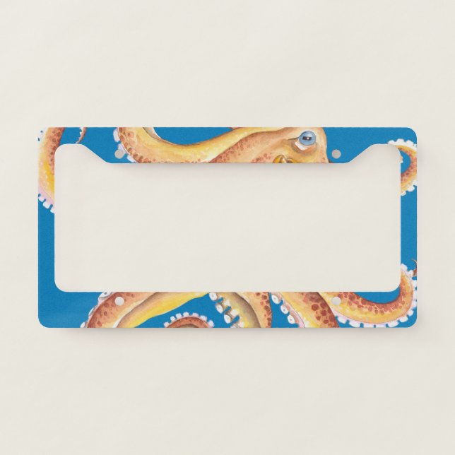 Orange Octopus Watercolor Blue Dance License Plate Frame (Front)