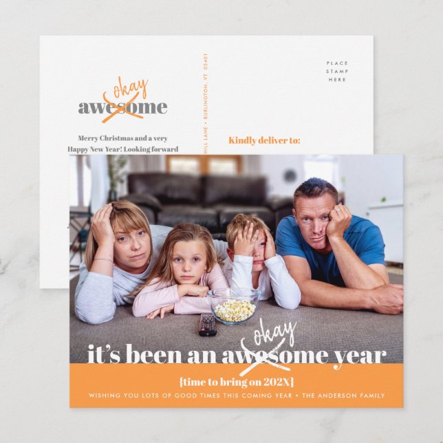 Orange Okay New Year Bold Modern Funny Photo Holiday Postcard (Front/Back)