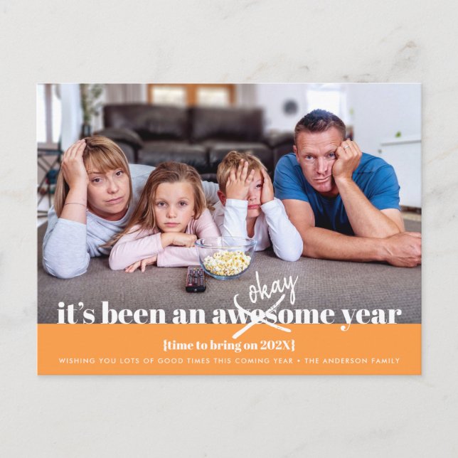 Orange Okay New Year Bold Modern Funny Photo Holiday Postcard (Front)