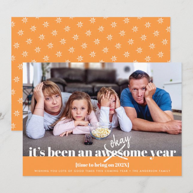 Orange Okay New Year Funny Photo Modern Bold Holiday Card (Front/Back)