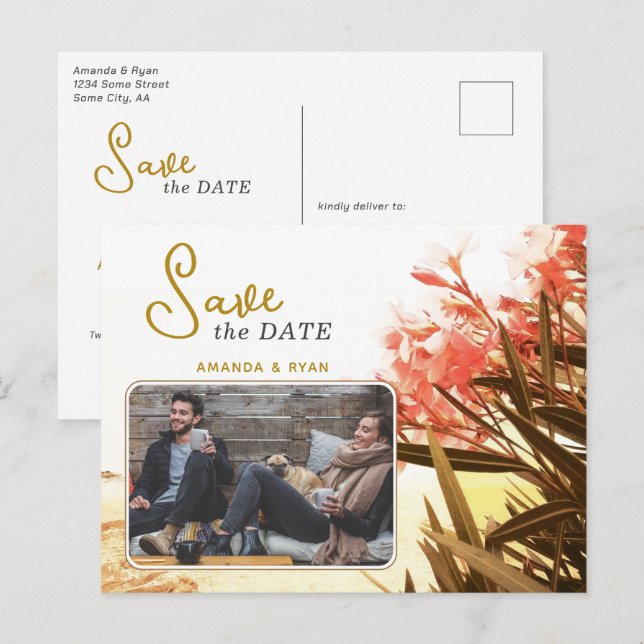 Orange Oleander Flower Photo Wedding Save the Date Announcement Postcard (Front/Back)