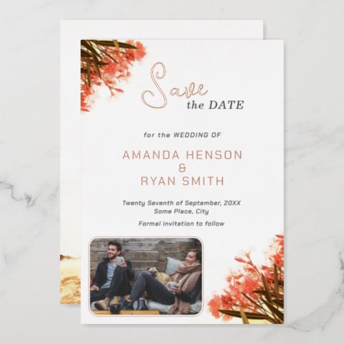 Orange Oleander Flower Photo Wedding Save the Date Foil Invitation