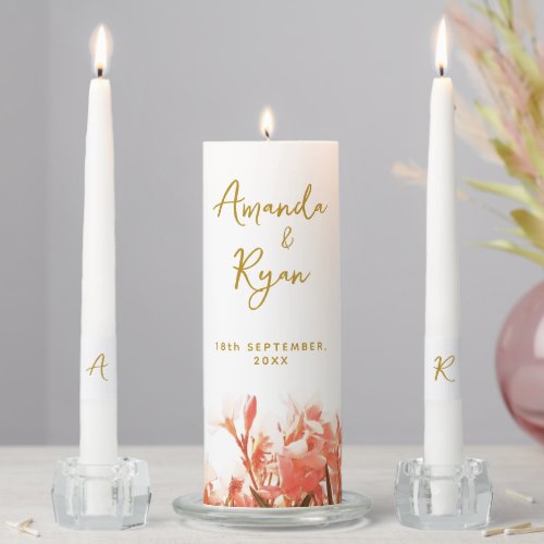 Orange Oleander Flower Wedding Monogram Unity Candle Set