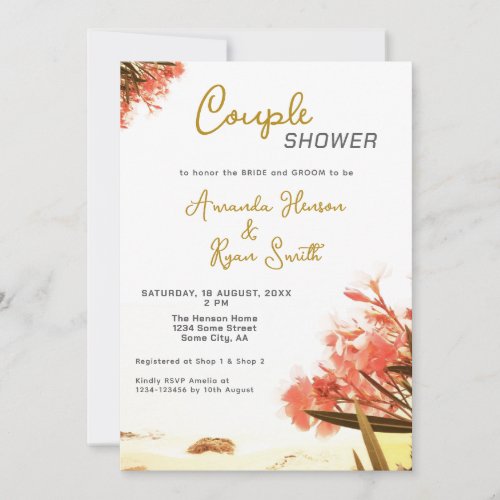 Orange Oleander Flowers Beach Couple Shower  Invitation