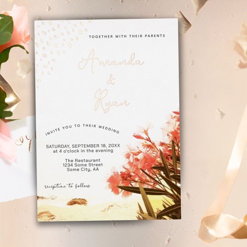 Orange Oleander Flowers Beach Wedding Foil Invitation