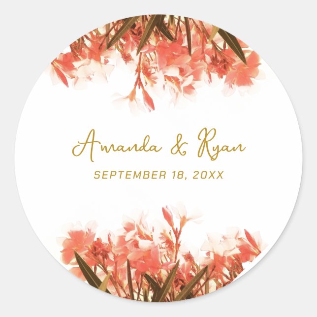Orange Oleander Flowers Floral Beach Wedding  Classic Round Sticker (Front)