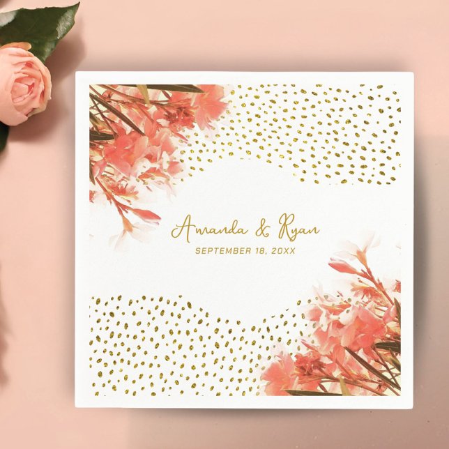 Orange Oleander Flowers Gold Glitter Wedding Napkins (Creator Uploaded)