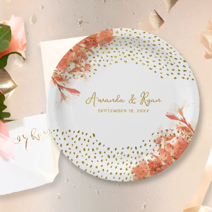 Orange Oleander Flowers Gold Glitter Wedding Paper Plates