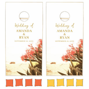 Orange Oleander Flowers on Beach Wedding Cornhole Set