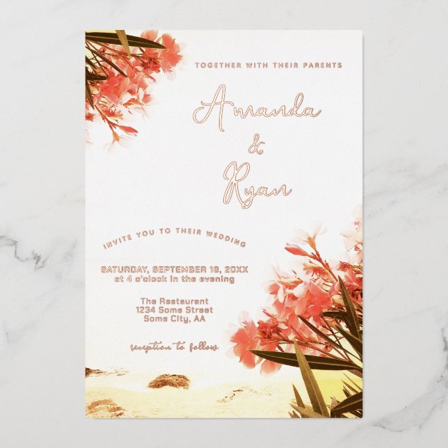 Orange Oleander Flowers on the Beach Wedding  Foil Invitation (Front)