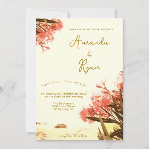 Orange Oleander Flowers on the Beach Wedding  Invitation