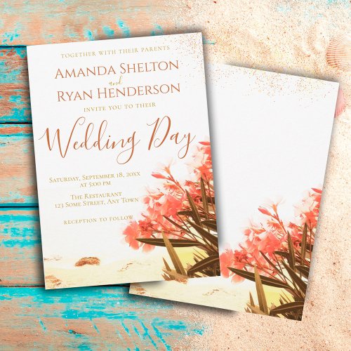 Orange Oleander Flowers on the Beach Wedding  Invitation