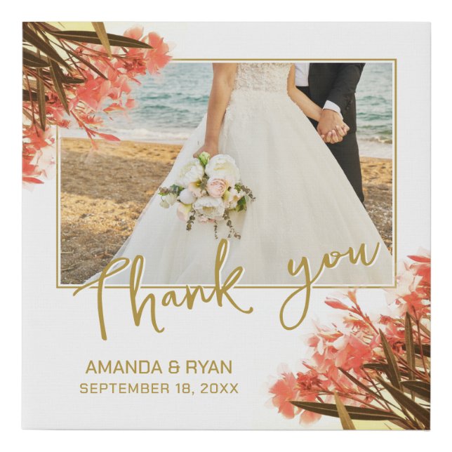Orange Oleander Flowers Photo Thank you Wedding  Faux Canvas Print (Front)