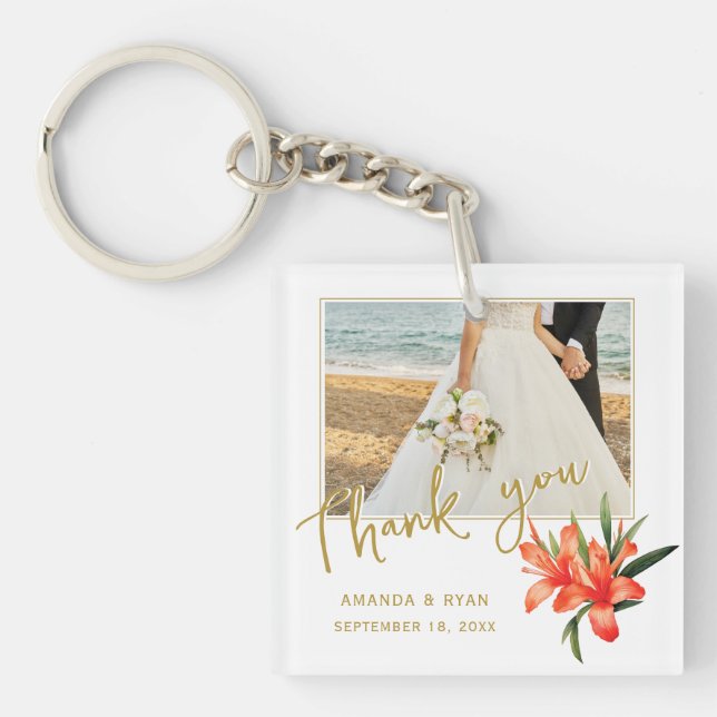 Orange Oleander Flowers Photo Thank you Wedding  Keychain (Front)