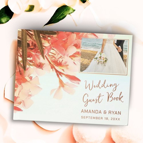 Orange Oleander Flowers Photo Wedding Foil Guest Book