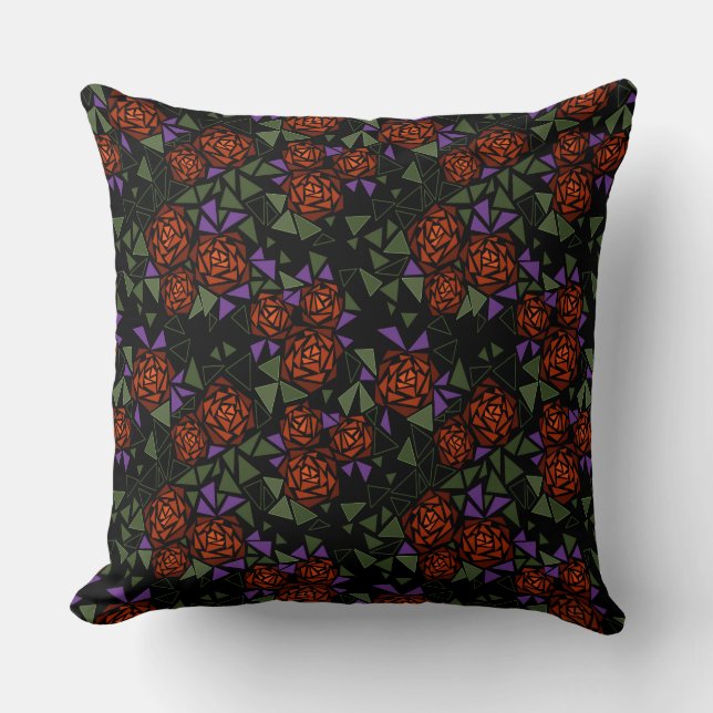 orange olive black mosaic floral pattern retro throw pillow (Front)