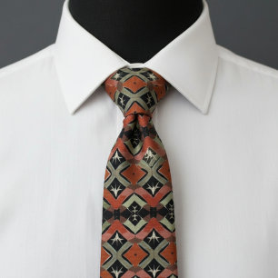 Orange Olive Geometric Mirrored Abstract Pattern Neck Tie
