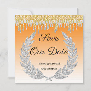 Orange Ombre, Diamond Laurel, Gold Dripping Invitation