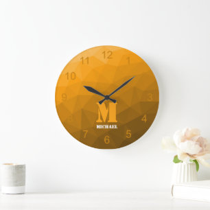 Orange ombre geometry Mesh Pattern Monogram Large Clock