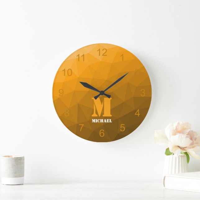 Orange ombre geometry Mesh Pattern Monogram Large Clock (Home)