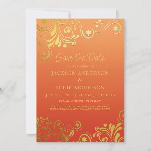 Orange Ombre Gold Flourish Photo Wedding Save The Date