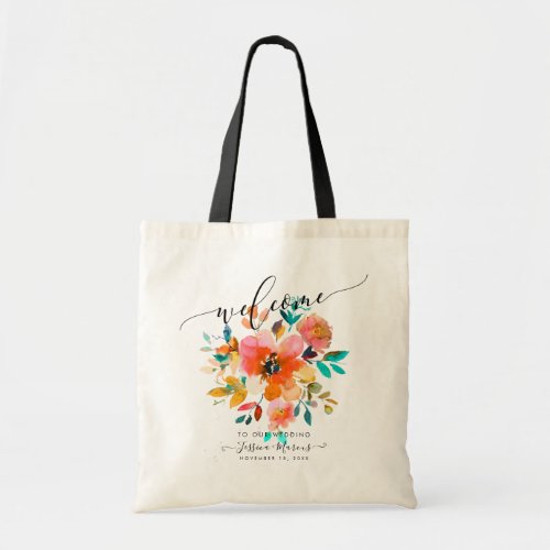Orange OmbreTeal Watercolor Flowers Welcome Tote Bag